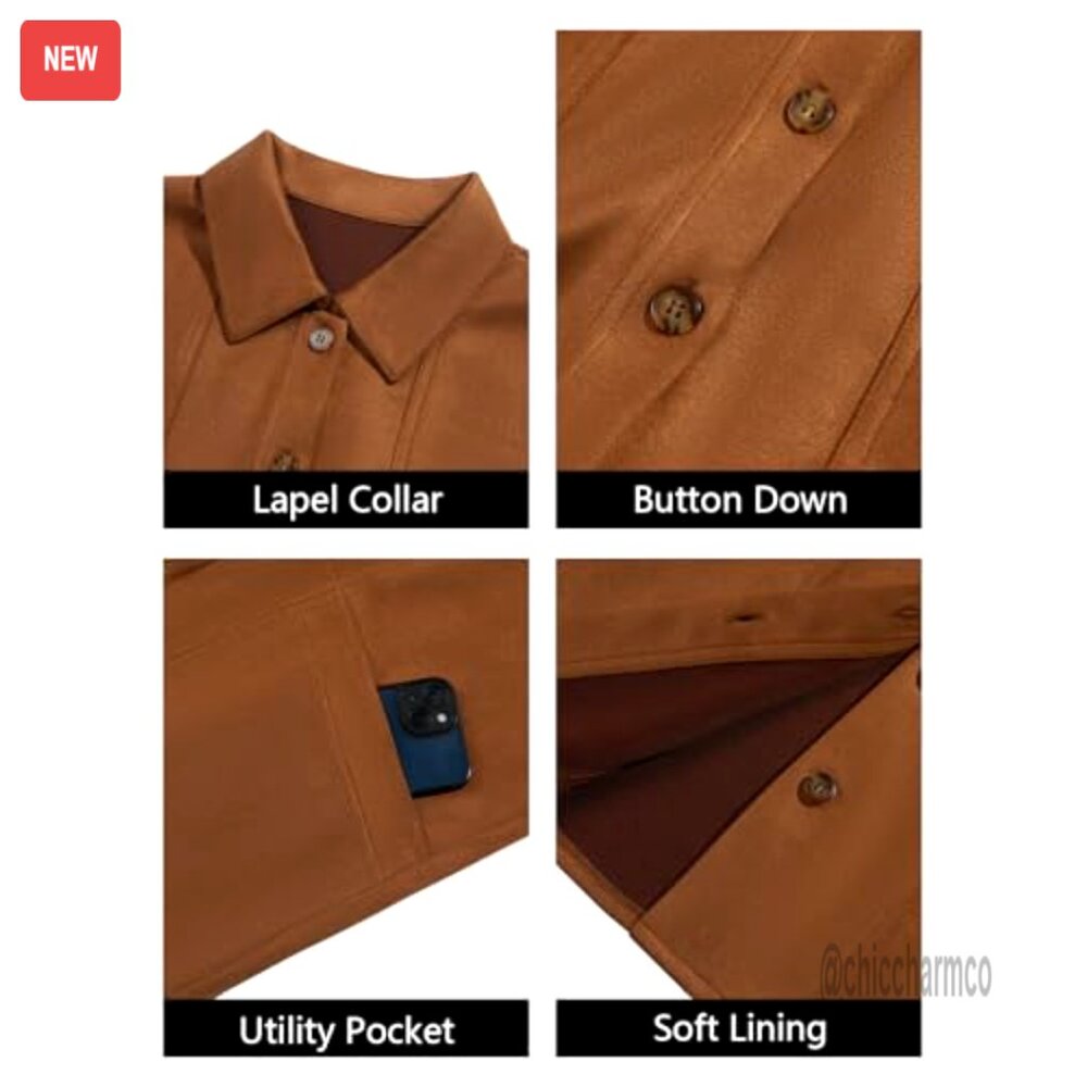 Faux Suede Shacket Jacket Button Down Long Sleeve… - image 5